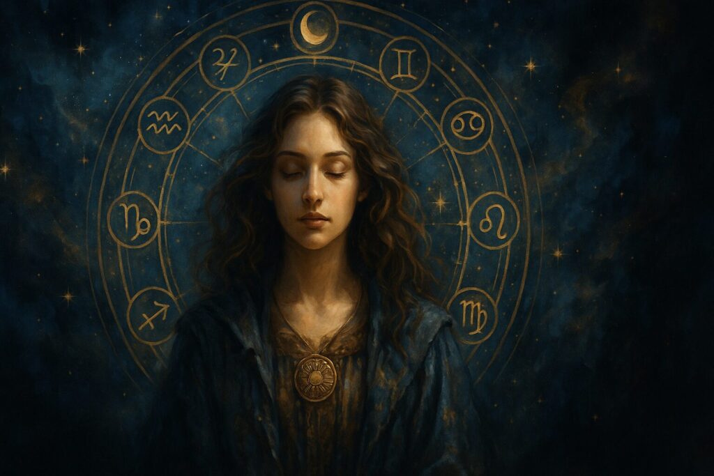 12星座を背に目をつむる穏やかな表情の女性