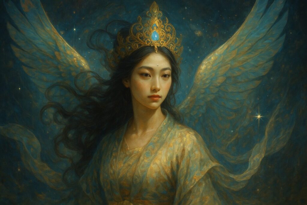 天女のような魅力を持つ女性の優雅で穏やかな雰囲気を描いた幻想的なイメージ