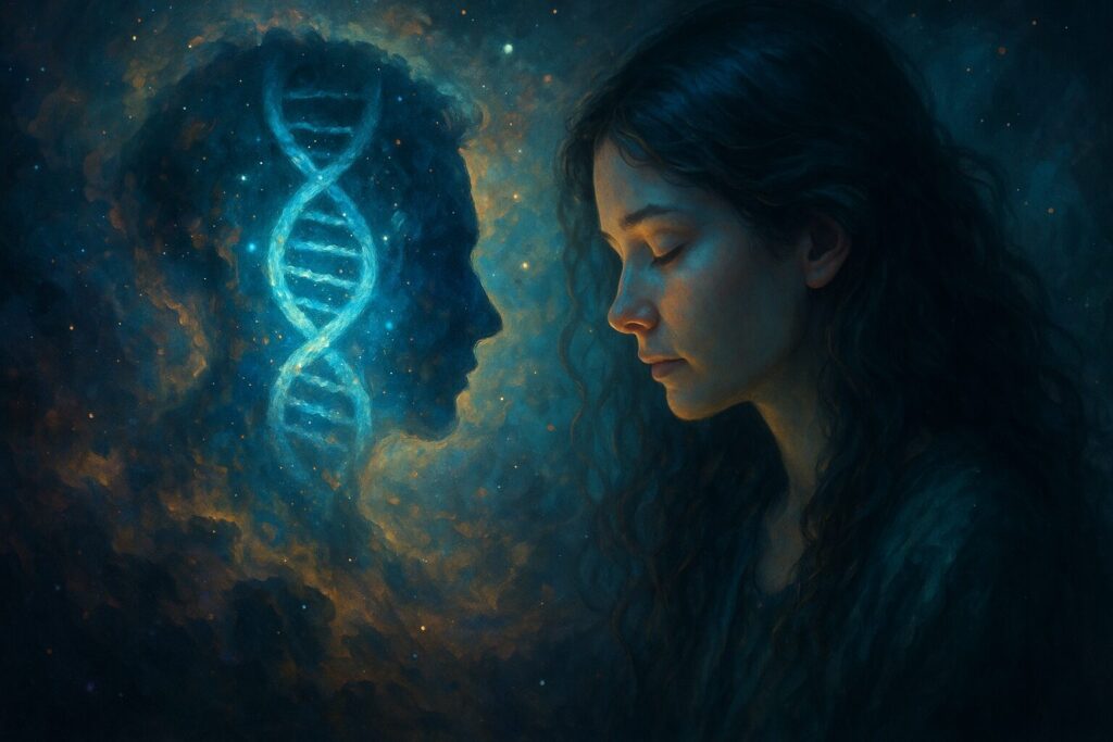 遺伝子と育った環境が霊感と優しさに与える影響を象徴する幻想的なビジュアル