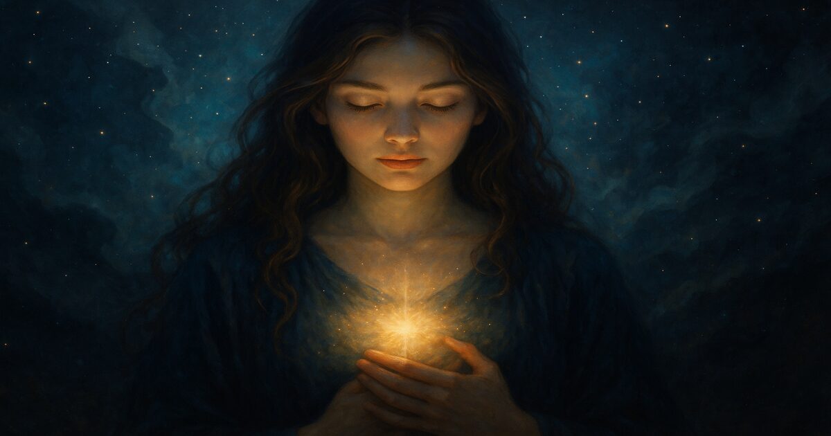 胸元に光るオーブを抱いた女性が星空の下で静かに佇む、霊感の弱まりと心の変化を象徴する神秘的なデジタルアート
