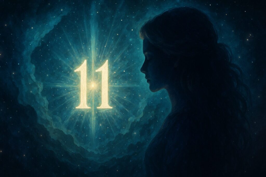 神秘的な星空の中で輝く数字11と、それを見つめる女性の横顔が描かれたスピリチュアルなイメージ