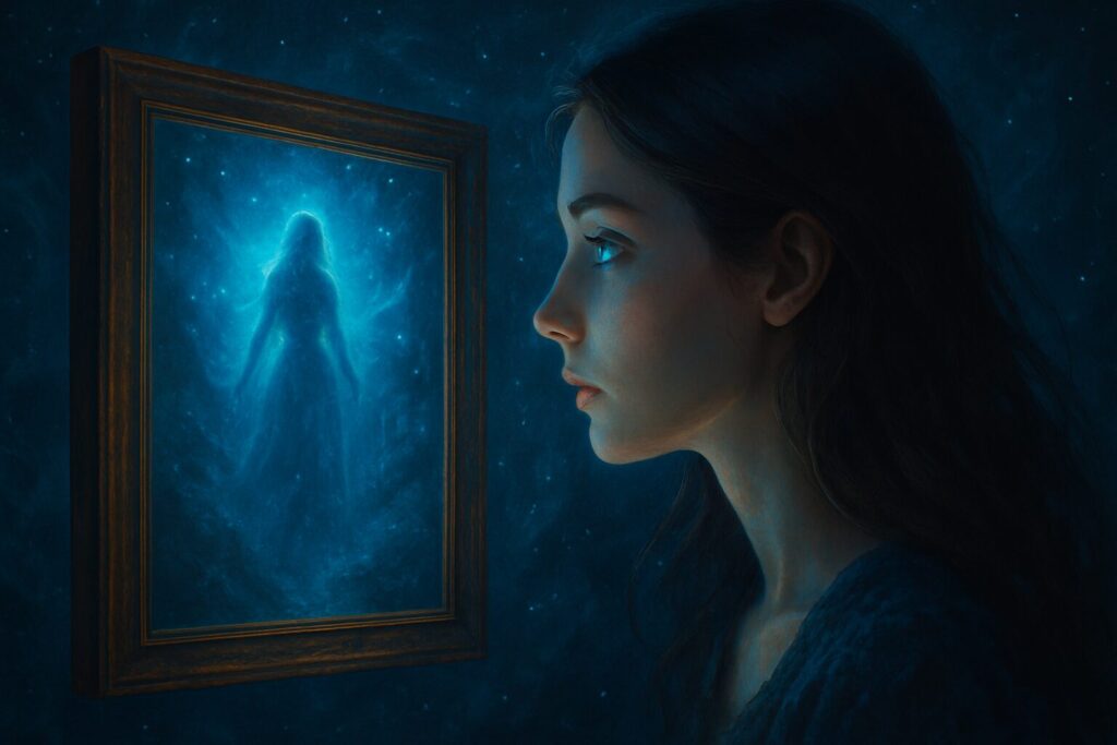 霊感がある人が特定の画像に霊的存在を感じ取る瞬間を描いた幻想的なデジタルアート