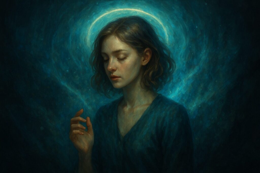 霊感のレベルによって異なるエネルギーの感じ方を体験する女性を描いた神秘的なイラスト