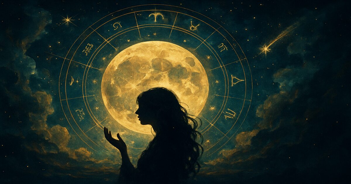 満月と星座の輪を背景に、スピリチュアルな導きを感じる女性のシルエットと夜空が描かれた神秘的なイメージ