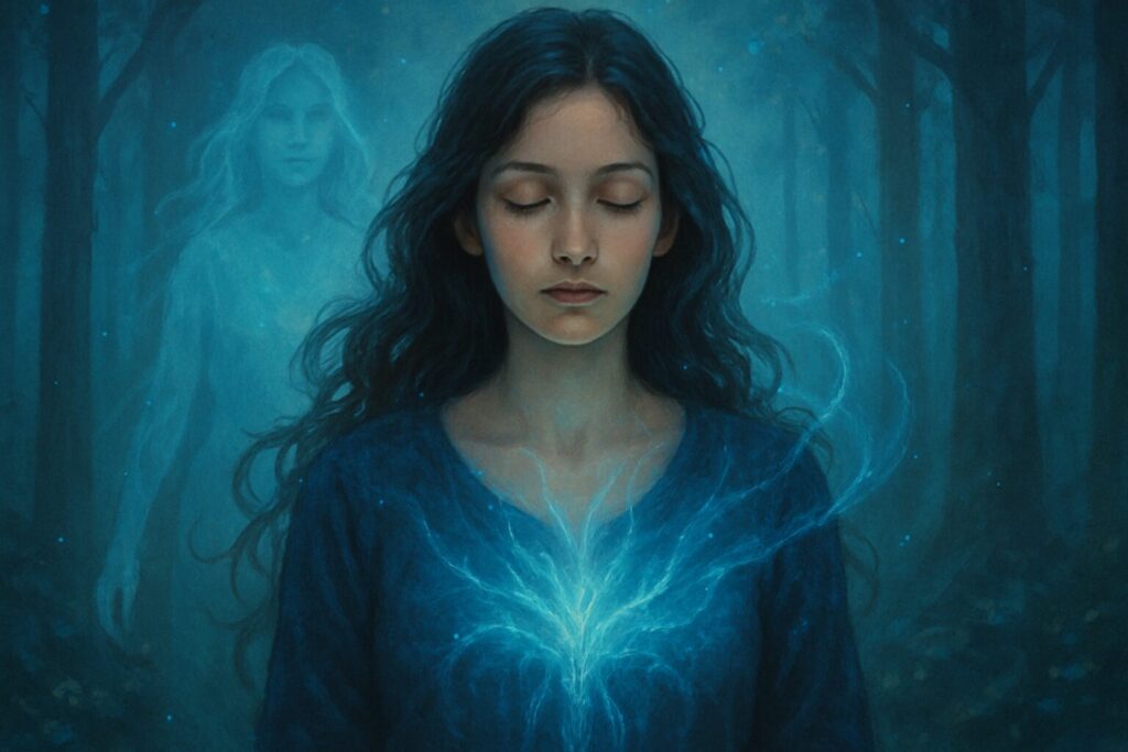 霊感体質の特徴を持つ女性が神秘的な森の中でエネルギーを感じ取る幻想的な光景