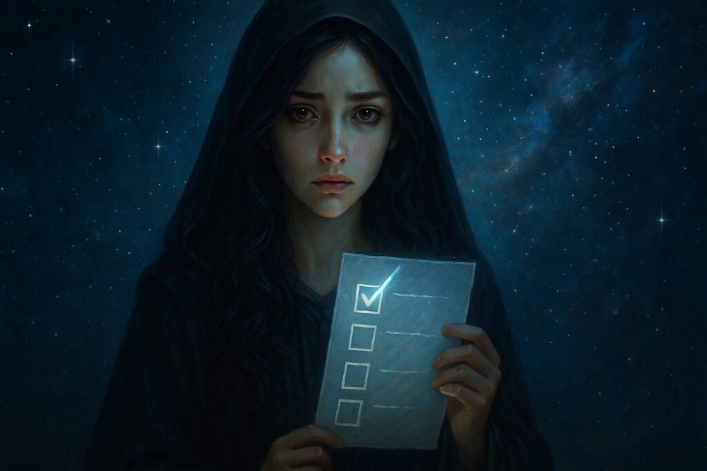 霊感の強さを診断するチェックリストを手にした神秘的な女性が星空の中に立つ幻想的なイメージ