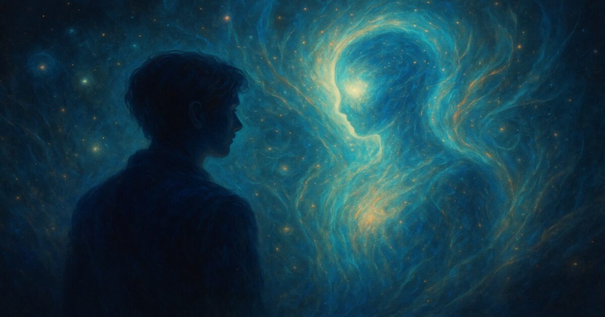 霊感ある人が見え方を通じてエネルギー存在と向き合う神秘的な瞬間を描いた幻想的なアート