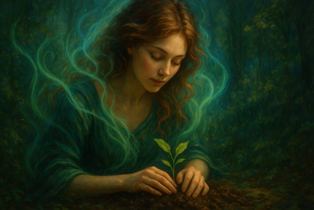 女性が植物の苗を大切そうに植えている