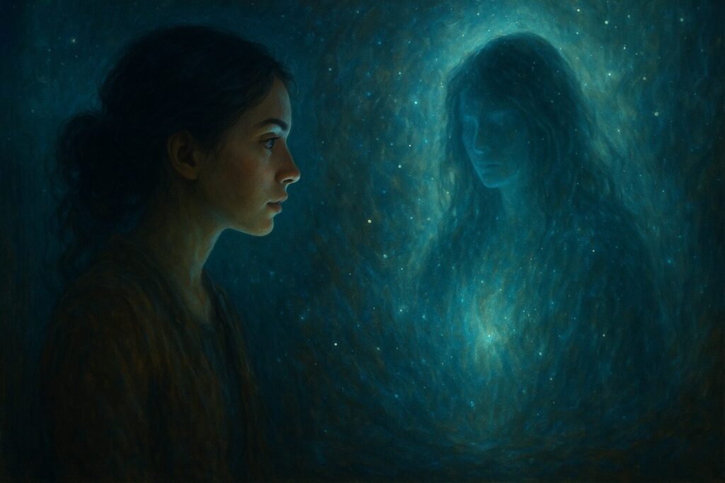 霊感体質の人を見分けるために直感的なつながりを感じる女性と神秘的な存在が対峙する幻想的なデジタルアート