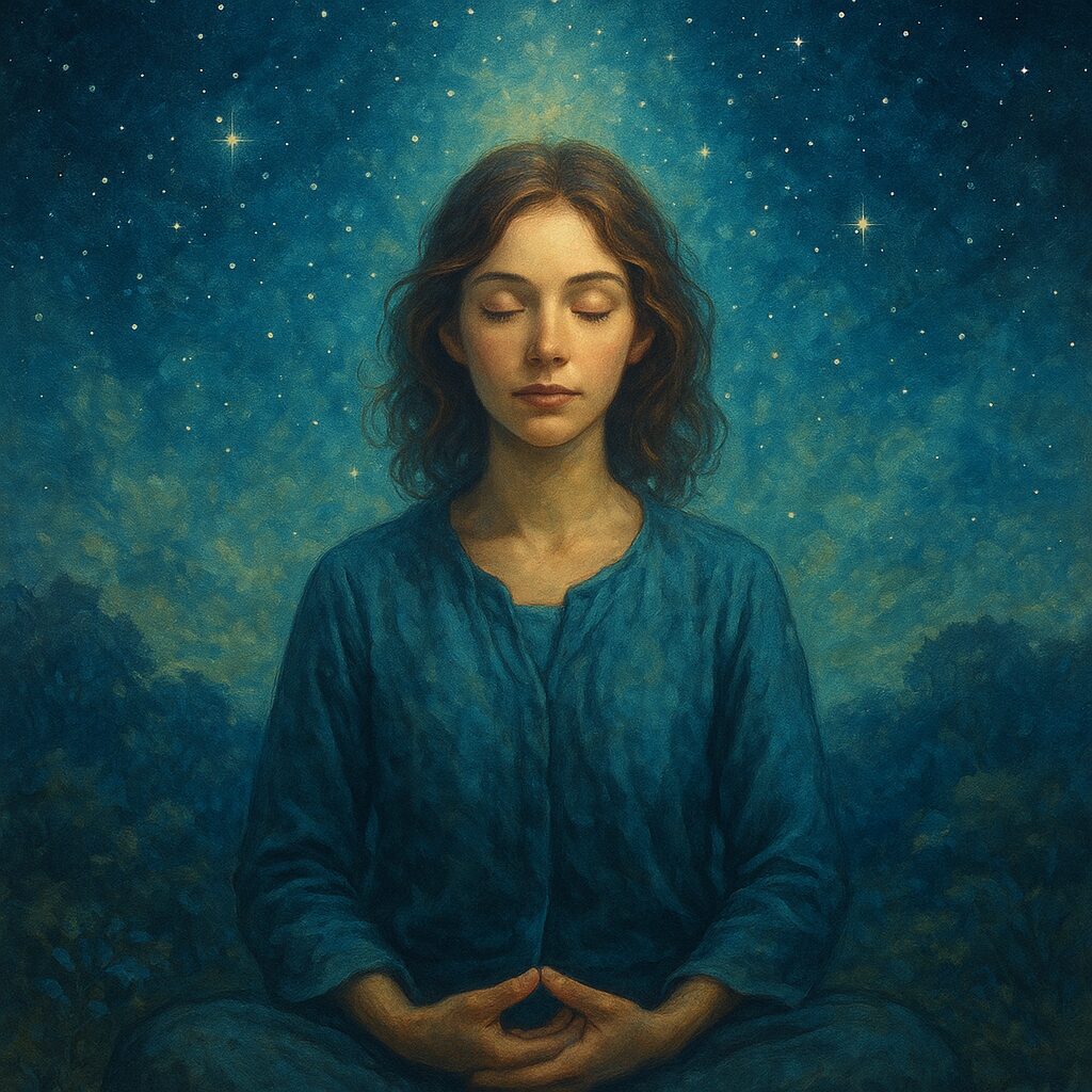 星空の下で静かに瞑想する女性が霊感と心のバランスを育てる神秘的な風景