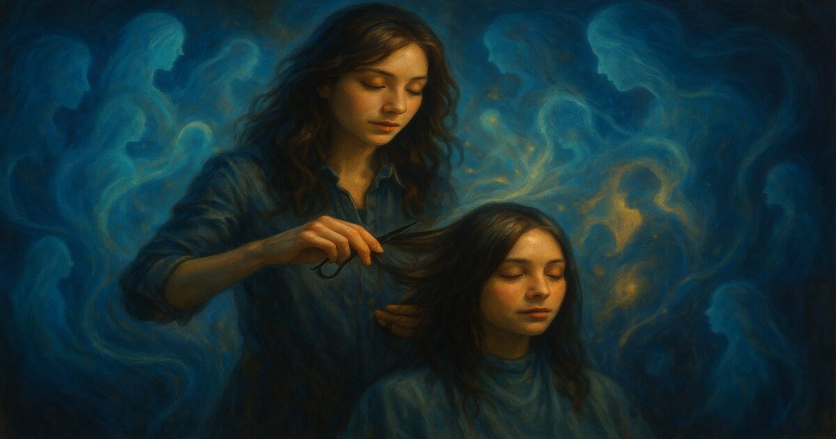 美容師が髪に触れる中で霊的な存在を感じ取る神秘的な瞬間を描いた幻想的なアート