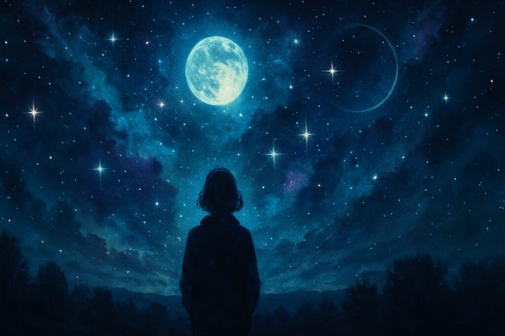 霊感がある人の割合を象徴する夜空と月を見上げる人物の幻想的なイラスト