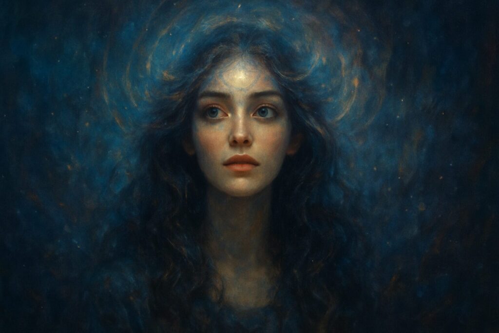 霊感がありそうな人の特徴を象徴する、神秘的なオーラをまとう女性の幻想的な肖像画