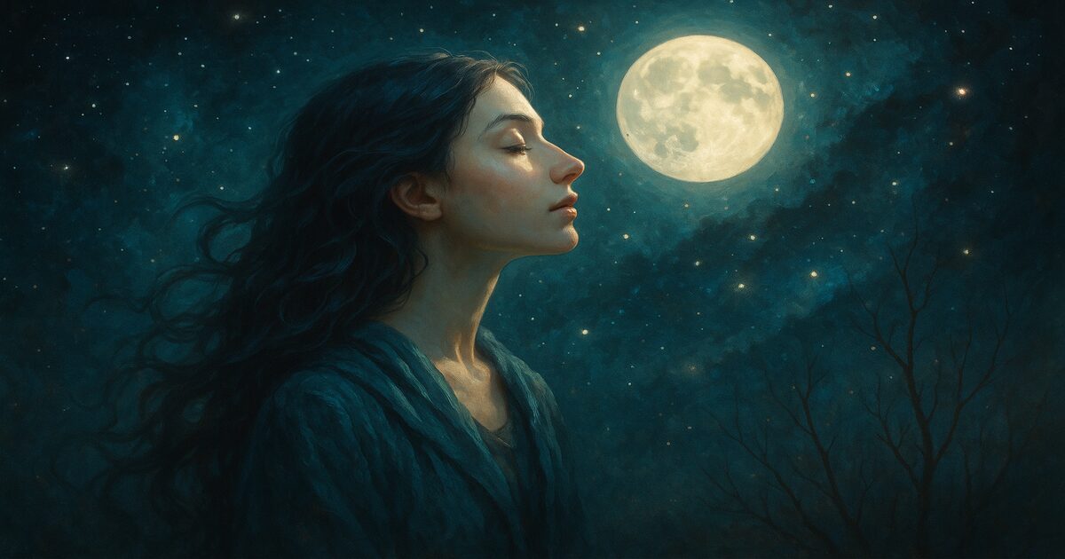 夜空の下で瞑想する女性が月光を浴びて感性を研ぎ澄ます神秘的な情景