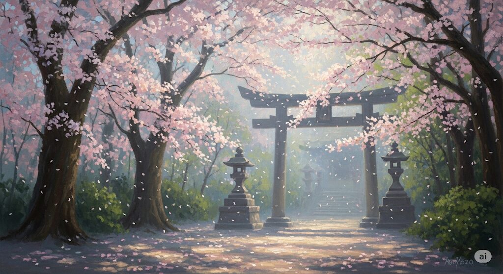 神社の鳥居と参道に神々しい光が差し込み、花びらが舞っているスピリチュアルな風景。