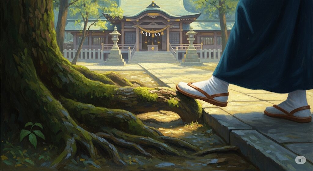 神社参拝後につまずく意味合いを象徴する神秘的な油絵。参拝を終えた人が、神社の参道で古木の根につまずく瞬間。神聖な光が障害物を照らし、歩みを優しく止めることで、内省と再評価の必要性を示唆している。