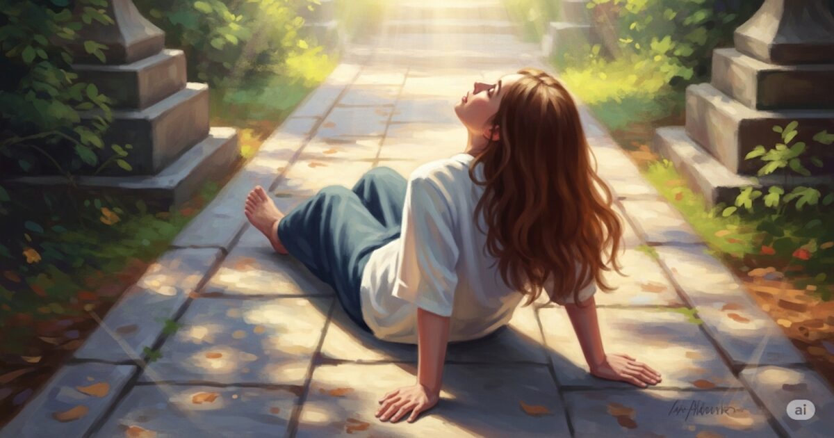 神社で尻もちをつくスピリチュアルな意味を象徴する神秘的な油絵。神社の参道で人が穏やかに尻もちをつき、神聖な光に包まれている様子は、厄落としや地に足をつけることの重要性を示唆している。