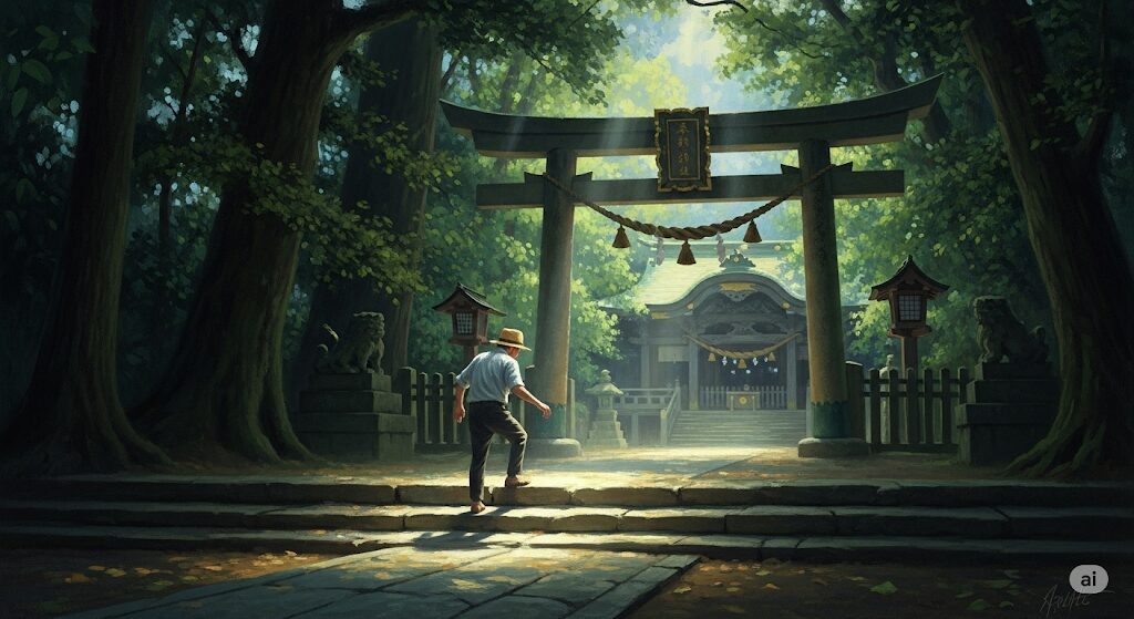 神社参拝前に転ぶことの警告を象使徴する神秘的な油絵。鳥居の手前で人がつまずきかけ、神聖な光が障害物を照らして心の準備を促しているスピリチュアルな情景。