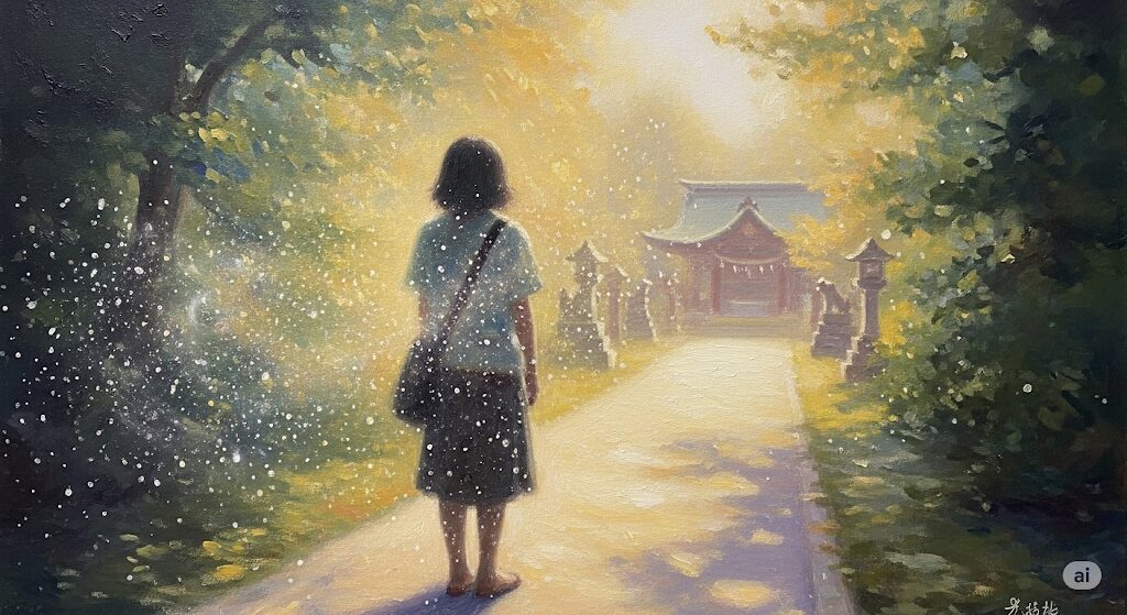 ALTテキスト:
神社参拝後の好転反応を象徴する神秘的な油絵。参拝を終えた人が神社の参道で静かに佇み、神聖な光に包まれて浄化されている様子。スピリチュアルなデトックスとポジティブな変化の始まりを示唆しています。
