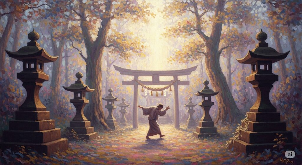 神社で転ぶ夢が示すスピリチュアルな意味を象徴する、幻想的な油絵。夢の中の神聖な空間で人が転ぶ様子が、神々しい光とともに描かれ、人生の転機や重要なメッセージを暗示している。