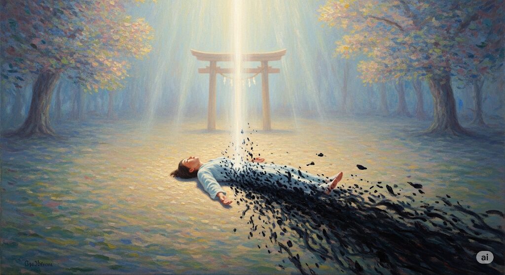 ALTテキスト: 神社の境内で転ぶのは浄化のサインであることを象徴する、モネ風の神秘的な油絵。神聖な境内で人が転んだ瞬間、体から闇のエネルギーが解放され、清らかな光によって浄められていくスピリチュアルな様子。