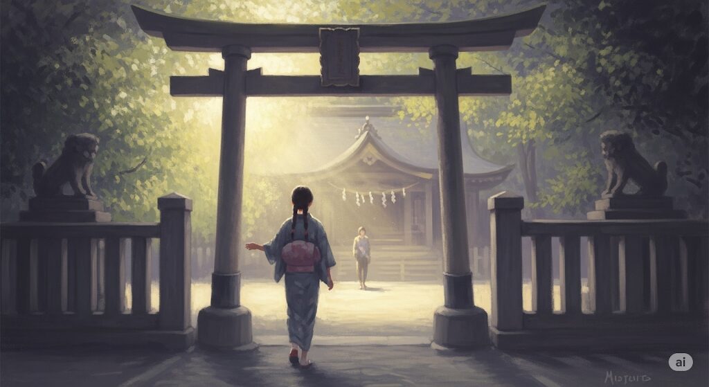 神社を出てすぐ転ぶのが忘れ物の暗示であることを示す、モネ風の神秘的な油絵。鳥居を出た直後につまずいた人に、神社の中から優しい光が差し、何か大切なことを思い出させようとしているスピリチュアルな情景。