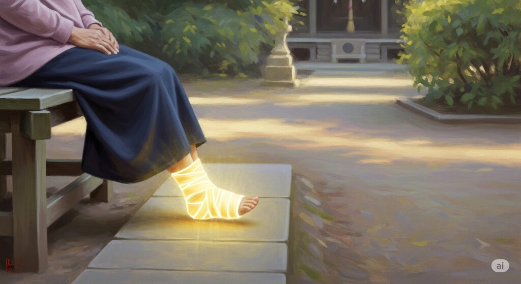 神社参拝後の捻挫や骨折のスピリチュアルな解釈を象徴する油絵。神社のベンチで、光る包帯を足首に巻いた人が静かに座り、強制的な休息が内省の時間となっている様子。