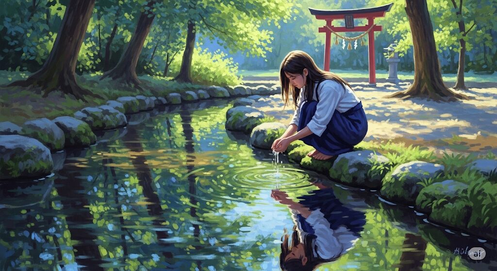 転んだ後にすべきスピリチュアルな対処法を象徴する油絵。神社の境内にある清流のそばで、人が静かに座り手を洗っている。水面に映る穏やかな姿は、心身の浄化と神様からのメッセージを受け入れる感謝の気持ちを表している。
