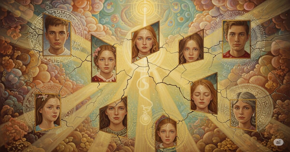 家族の断片が光に包まれ、再構築される様子を描いた神秘的な絵画。魂の再生と隠された意味を象徴。