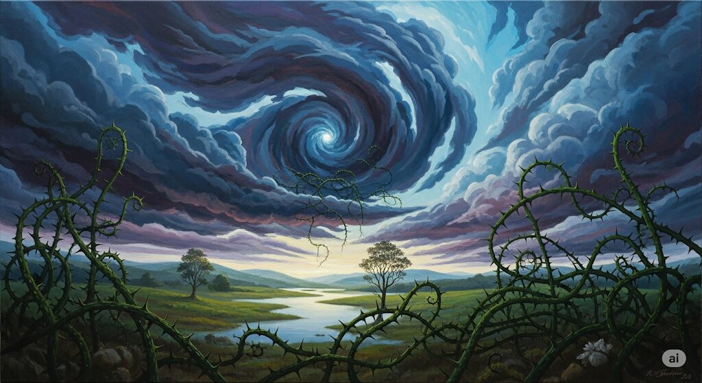 暗い渦巻く雲ととげのあるツタが穏やかな風景を侵食する神秘的な絵画。負の兆候と警告を表現。