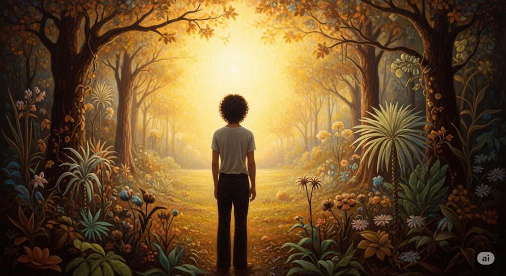 静かで自然な環境の中で、孤独な人物が安らぎと平和を見出す神秘的な絵画。家族の離散による寂しさからの癒しを象徴。