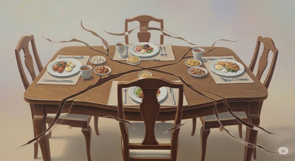 個々に孤立した食事が並び、繋がりが薄れていく様子を描いた神秘的な絵画。家族の食事が別々になる状況が示す意味を表現。