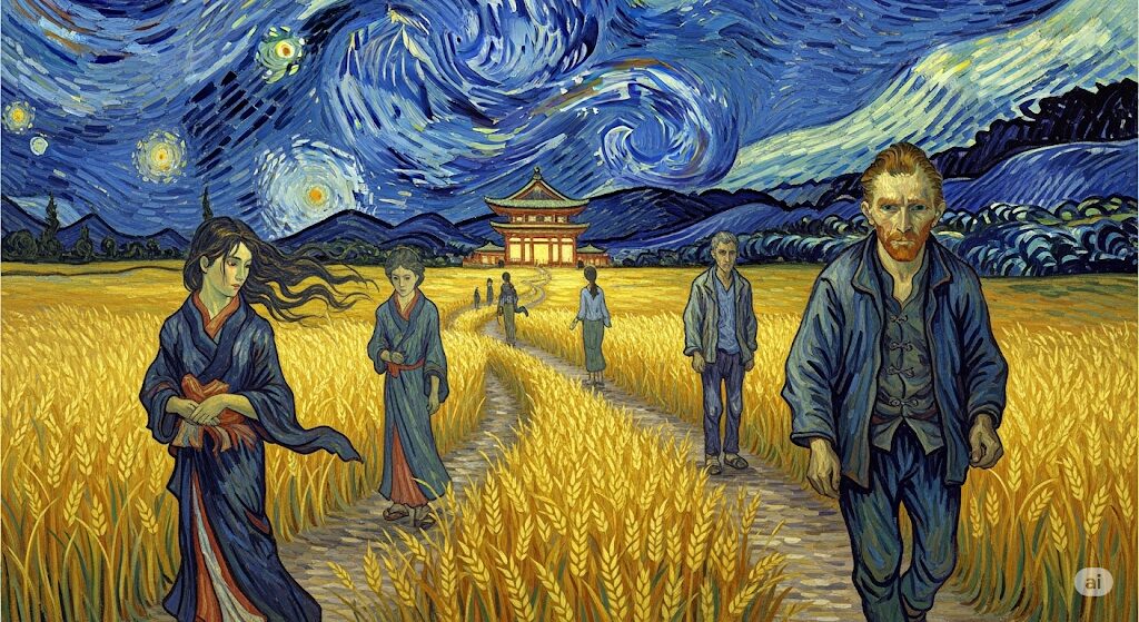 渦巻く星空の下、個々の人物が別々に遠くの神社仏閣へ向かって歩く神秘的な絵画。家族が別々に初詣に行くスピリチュアルな意味を表現。