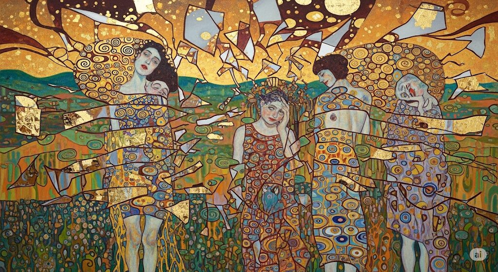 夢のような象徴的な風景の中に、断片化された人物が描かれた神秘的な絵画。家族がバラバラになる夢が伝えるメッセージを表現。