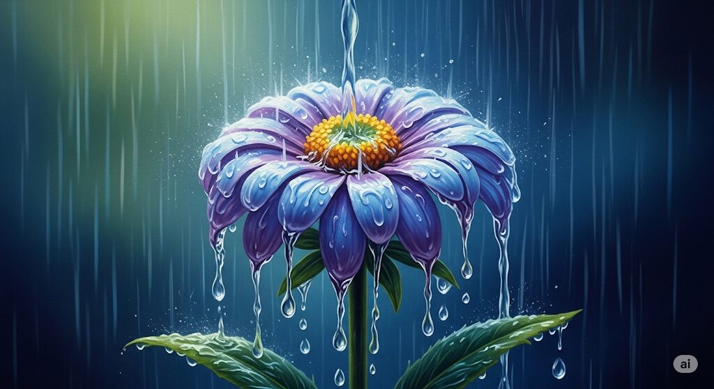 雨に濡れて咲く花が、愛と成長を象徴している様子