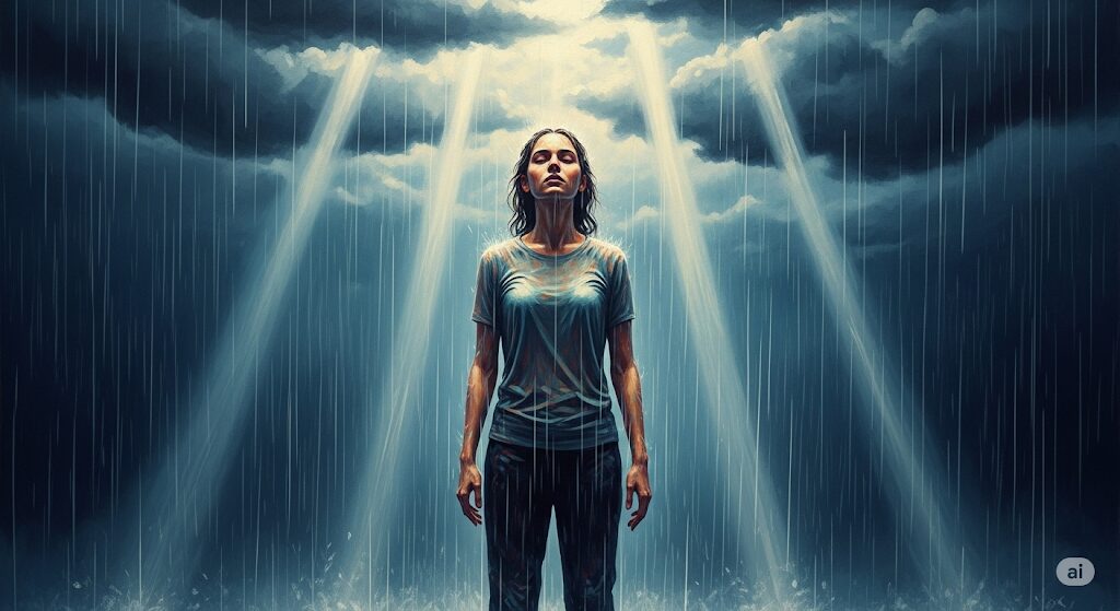 雨の中で力強く立つ人物が、試練を通じた魂の成長と回復力を象徴している様子