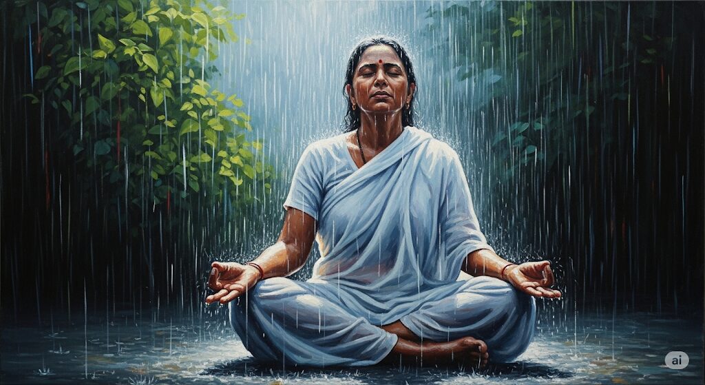 雨の中で瞑想する人物が、前向きなスピリチュアルな心構えと自然の恵みへの感謝を象徴している様子