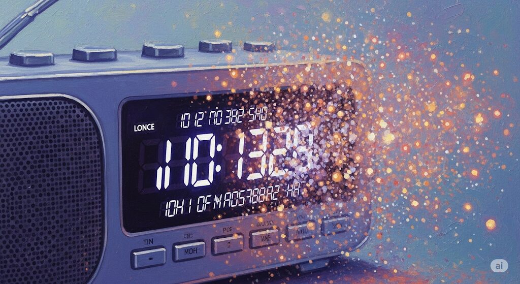 電波時計の日付が狂うスピリチュアルな意味を表現した、数字が粒子となって消えていくイラスト。