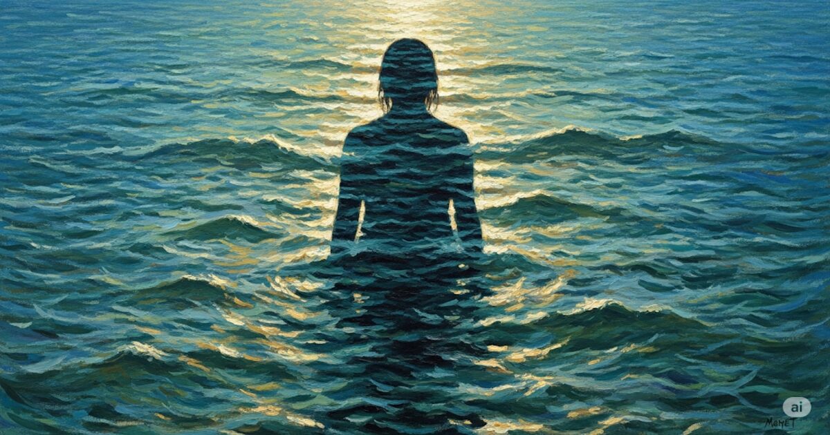 人物のシルエットが波と融合し、海と人の心理的な繋がりを表すイラスト。