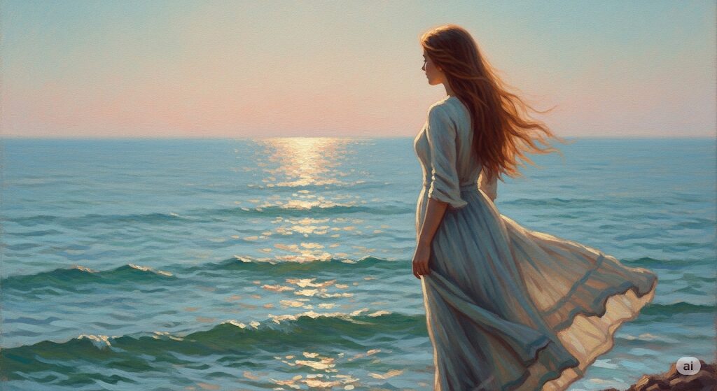 潮風に髪やドレスをなびかせ、海との深いつながりを感じさせる女性の姿。