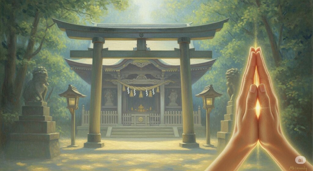 神社参拝やパワースポットで高次元のエネルギーに触れ、手が熱くなる神聖な体験を表現したイメージ。