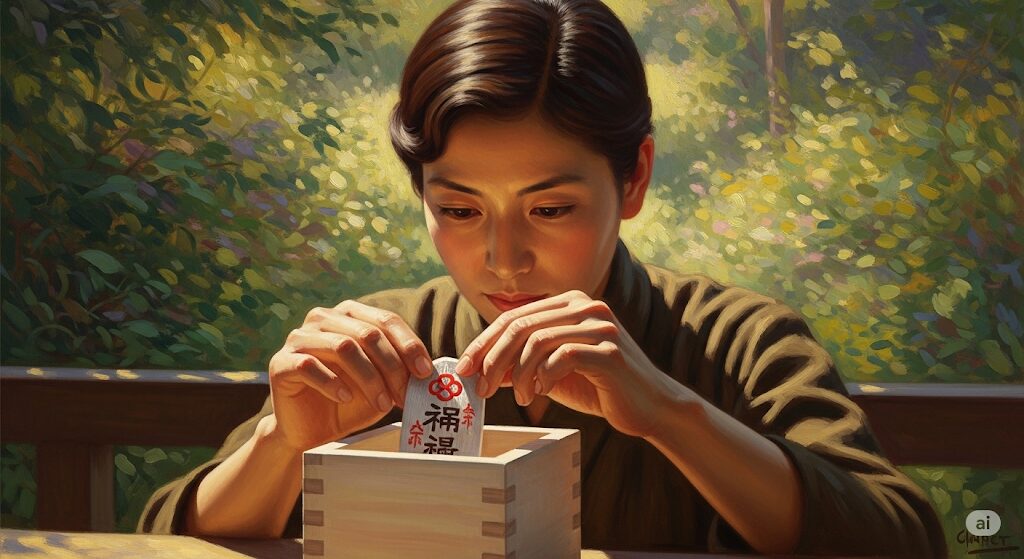 拾ったお守りを幸運のアイテムとして大切に扱う様子を描いた画像。