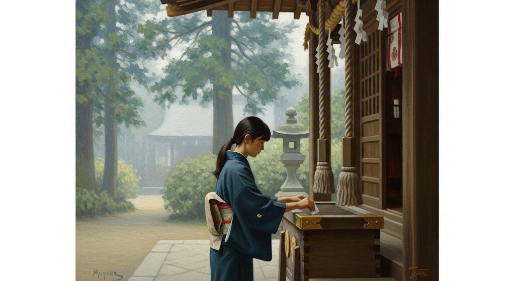 拾ったお守りを神社やお寺へ正しく返納する場面の画像。