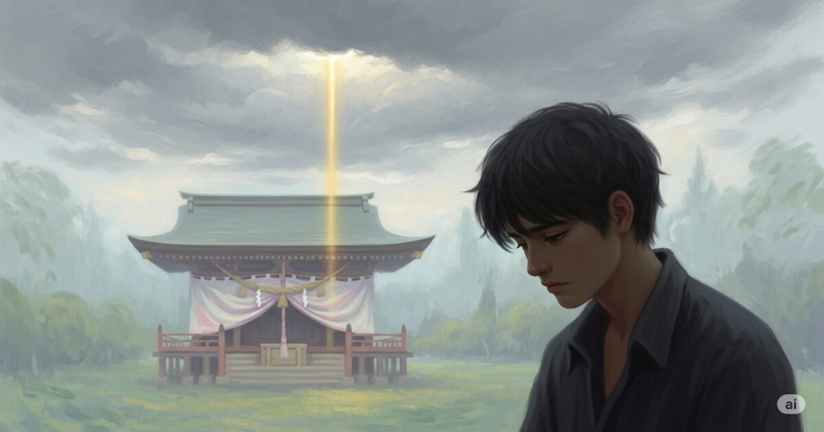 神社で参拝した後に落ち込んでいる様子の人物。空からは幸運の兆しであるかのように、雲の間から光が差し込んでいる。