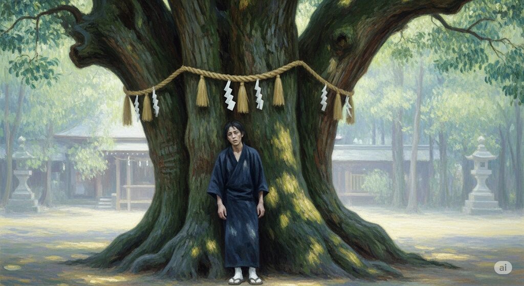 神社の境内で、大きな古木のそばで休んでいる体調の悪そうな人物。