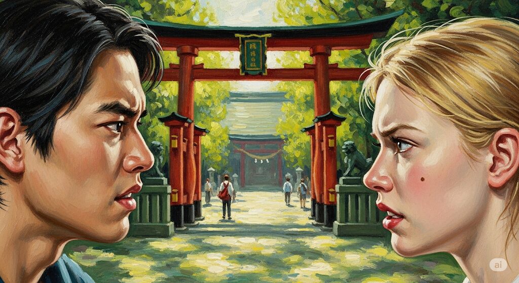 神社の鳥居を背景に、イライラした表情で気まずそうに話している2人の人物。