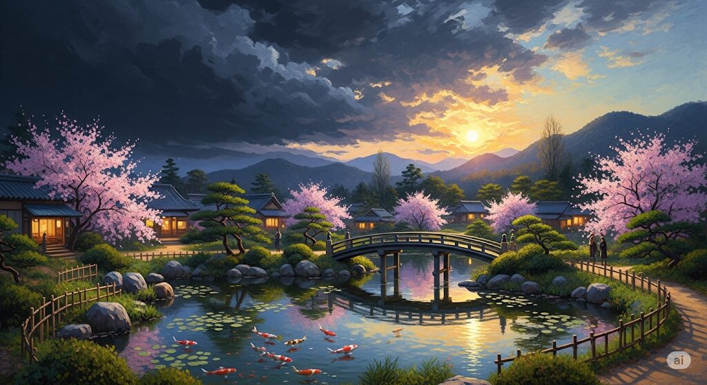 神社に夕日が美しいさしている