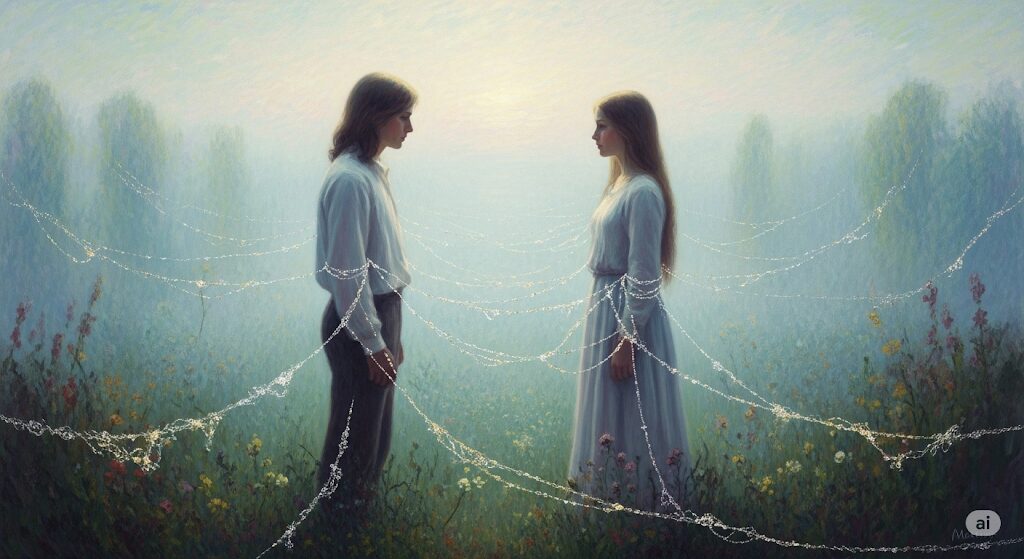 前世からの因縁で結ばれた二人の魂が、時空を超えて向き合う幻想的な風景
