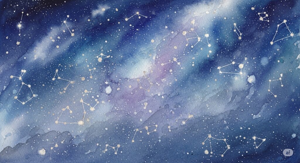 冬の夜空に輝く星座の探し方を示す神秘的な水彩画