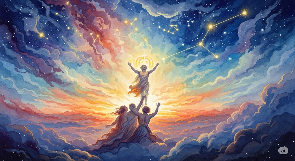 ギリシャ神話におけるオリオン座の起源を描いた、神秘的な水彩画。
